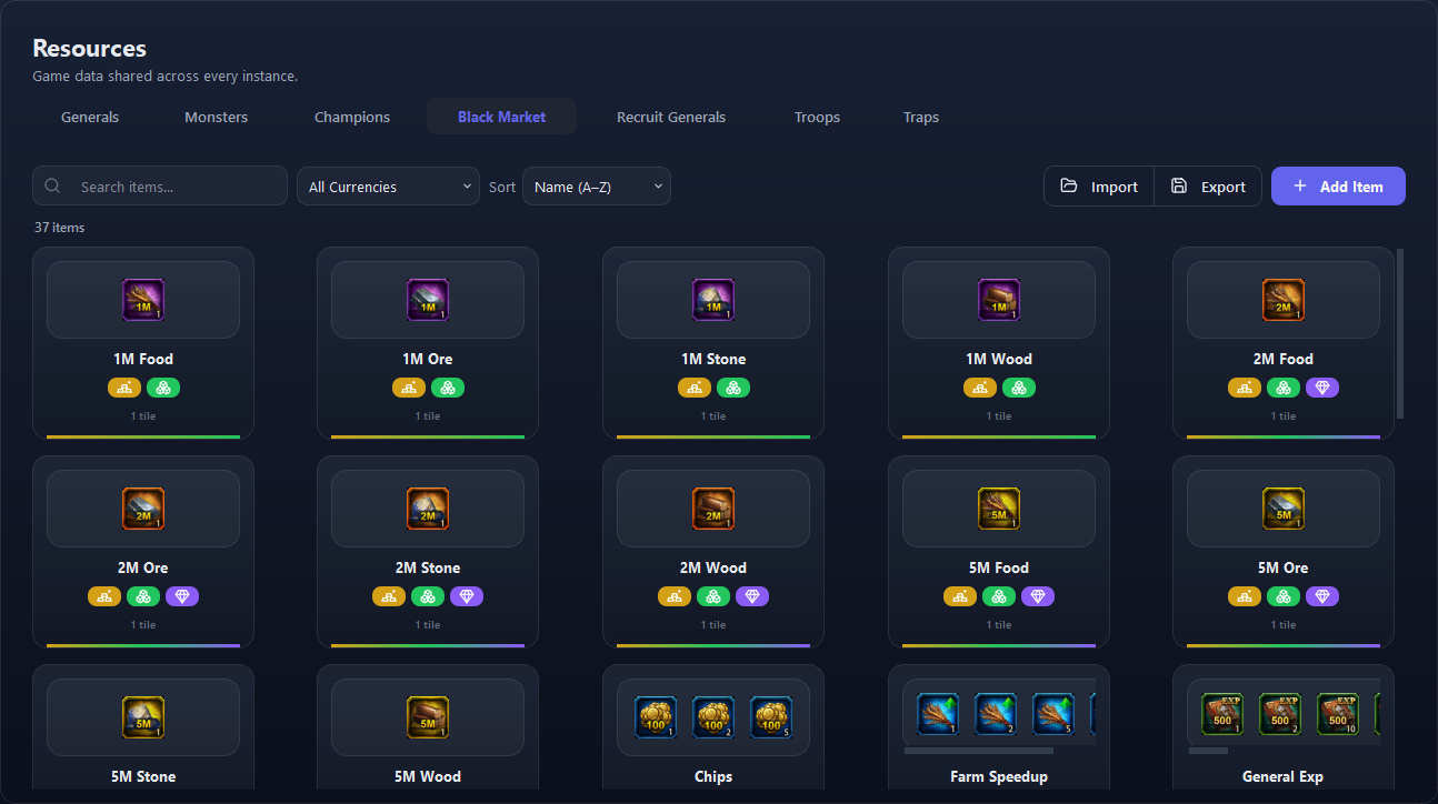 Resources ▸ Black Market: one card for each good.