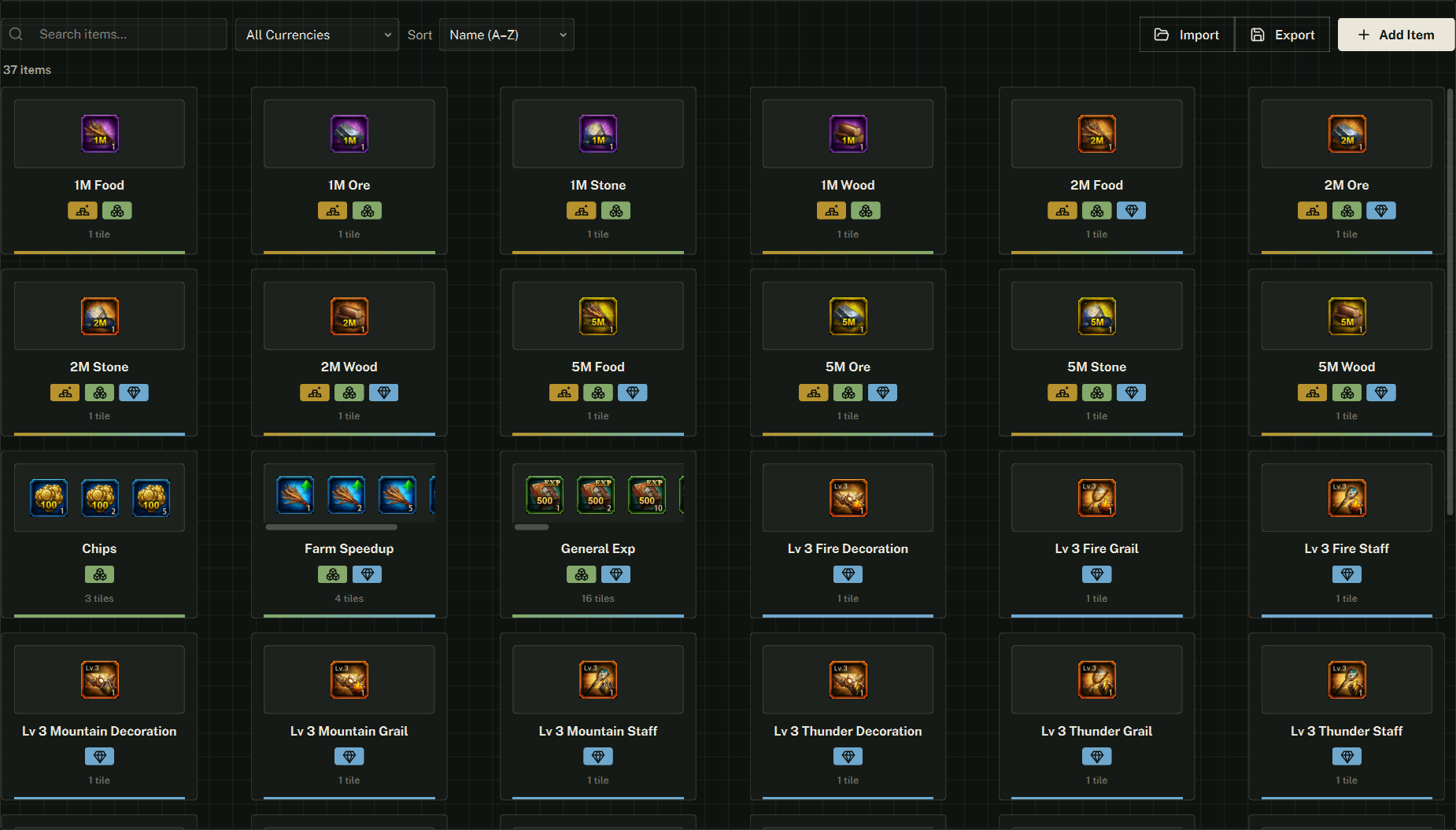The Black Market shopping list: a search, currency filter and sort on the left; Import, Export and Add Item on the right; a card per item with its tiles and currency badges.