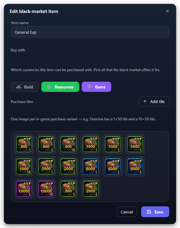 The item window, here for a good that has many tiles.