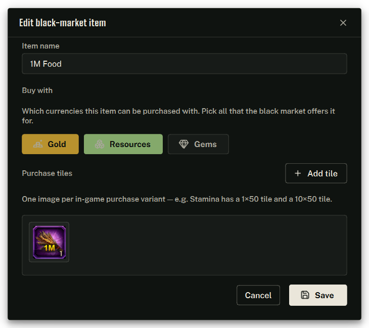 Add or edit a black-market item: the item name, the Buy-with currency toggles, and the purchase-tile images.