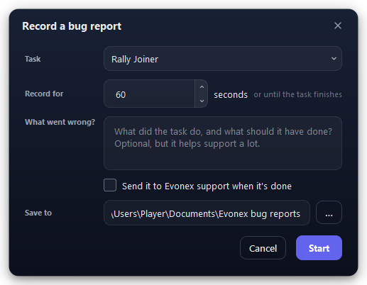 The Record a bug report window. The folder under Save to is only an example.