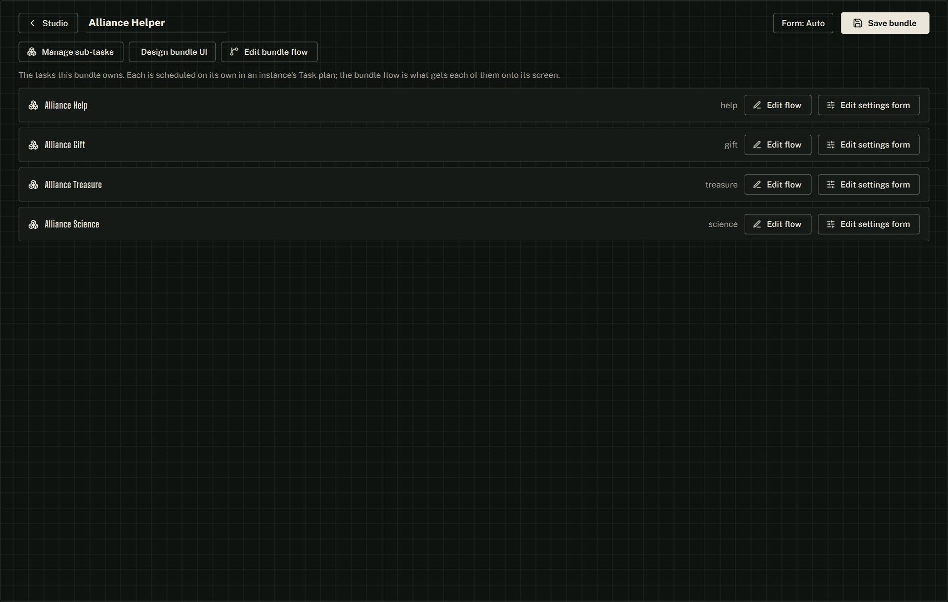 The Bundle Editor — the bundle’s own details, then one card per sub-task.