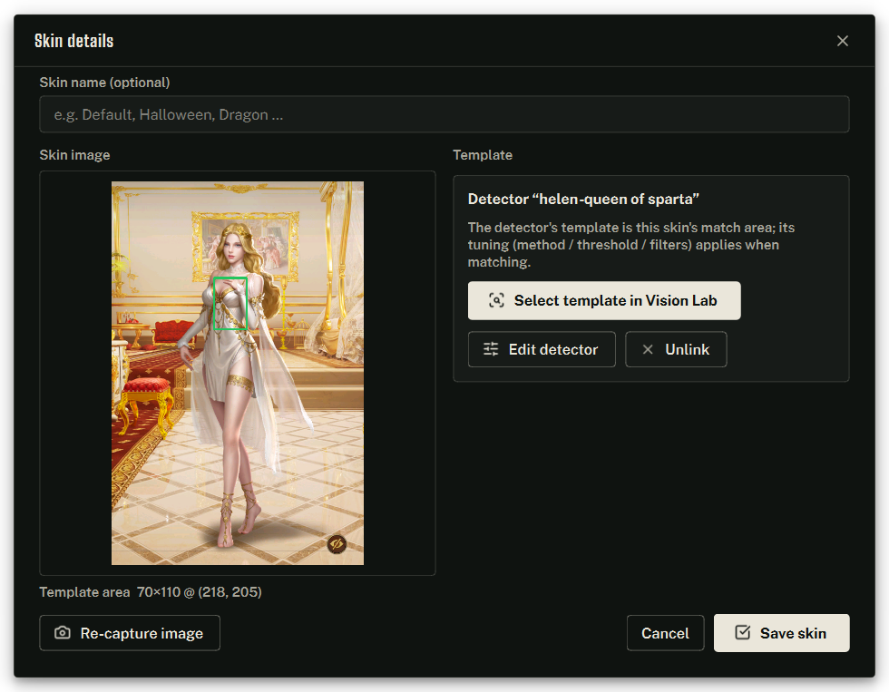 A skin's details — the skin image with its linked template marked as a green box, and the Vision Lab template controls beside it.