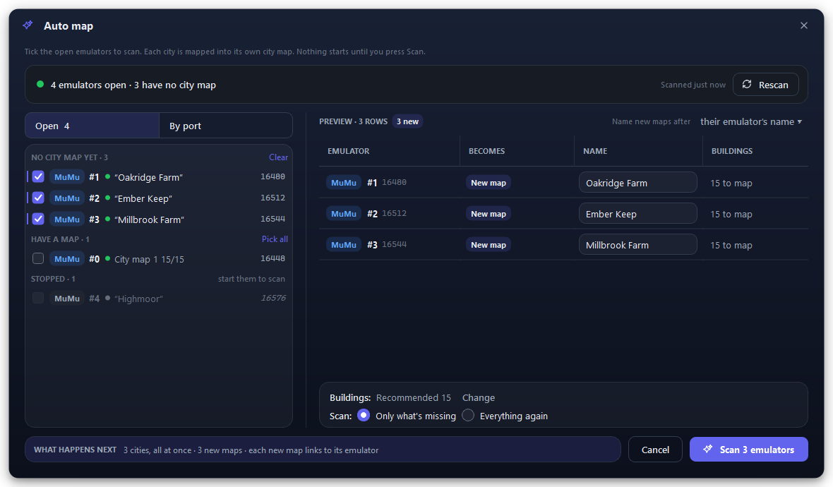 The Auto map window: your open emulators on one side, what each one becomes on the other.