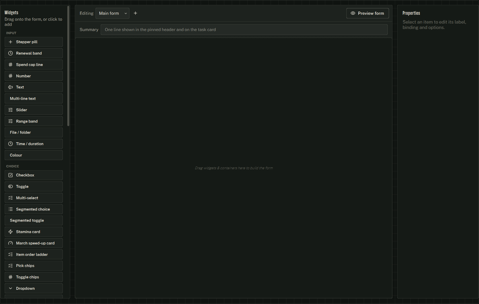 The Config UI builder — widget palette, live canvas and inspector.