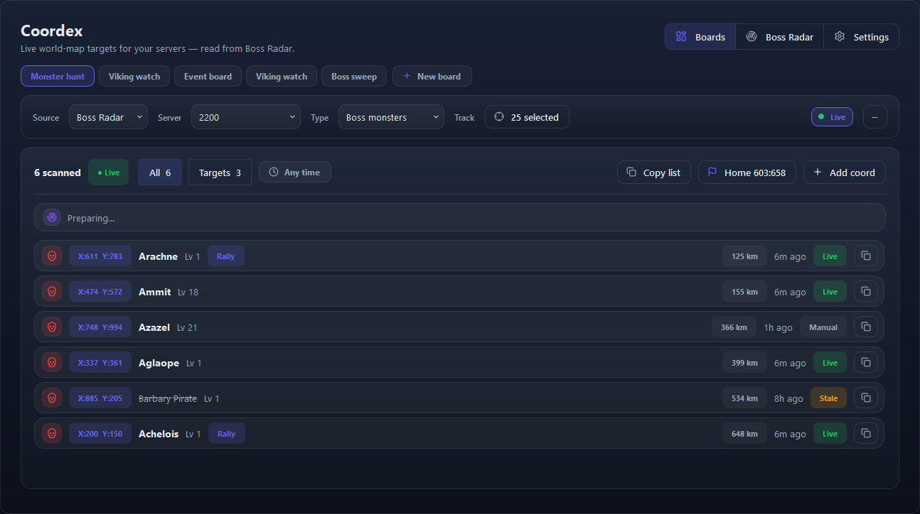 The Boards tab: one board open, with its settings on top and its coordinates below.