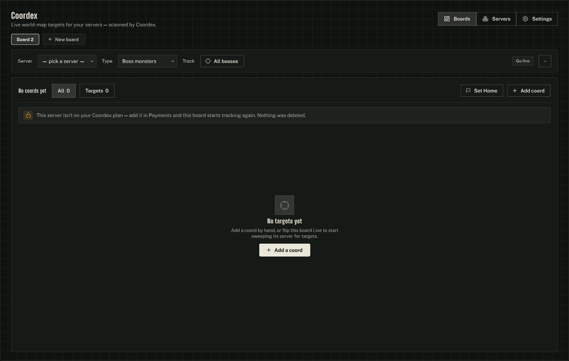 A Coordex board: its config strip and the coords list.