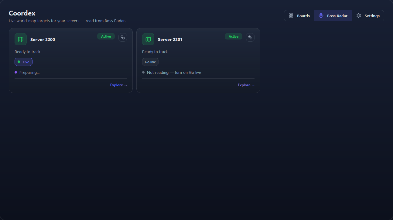 The Boss Radar tab: two servers, one live and one off.