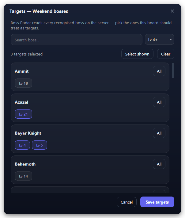The Track window of a board: pick the bosses and levels that count as targets.
