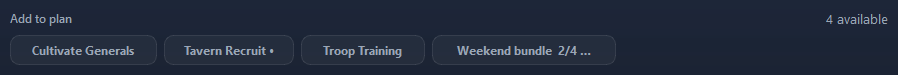 The Add to plan shelf on Duties ▸ Tasks. The dot after a name means you already saved settings for that task.