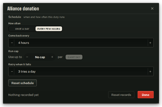 Alliance donation’s settings window, on its Schedule.