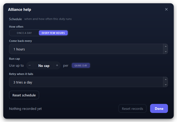 Alliance help’s window. It has one page, Schedule, set to every few hours.