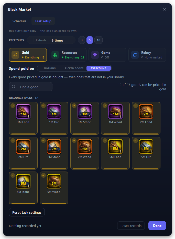 The daily activity's window, on its Task setup tab. Gold is set to Everything, so every good priced in gold is bought.