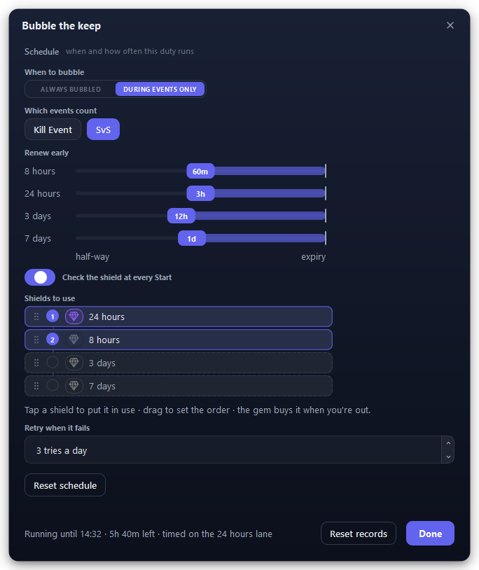 The Bubble the keep settings. This example is set to During events only, with SvS picked.