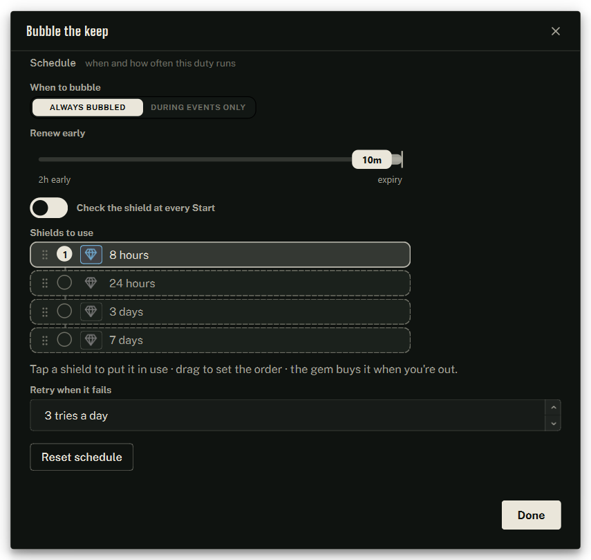 The Bubble the keep settings window.