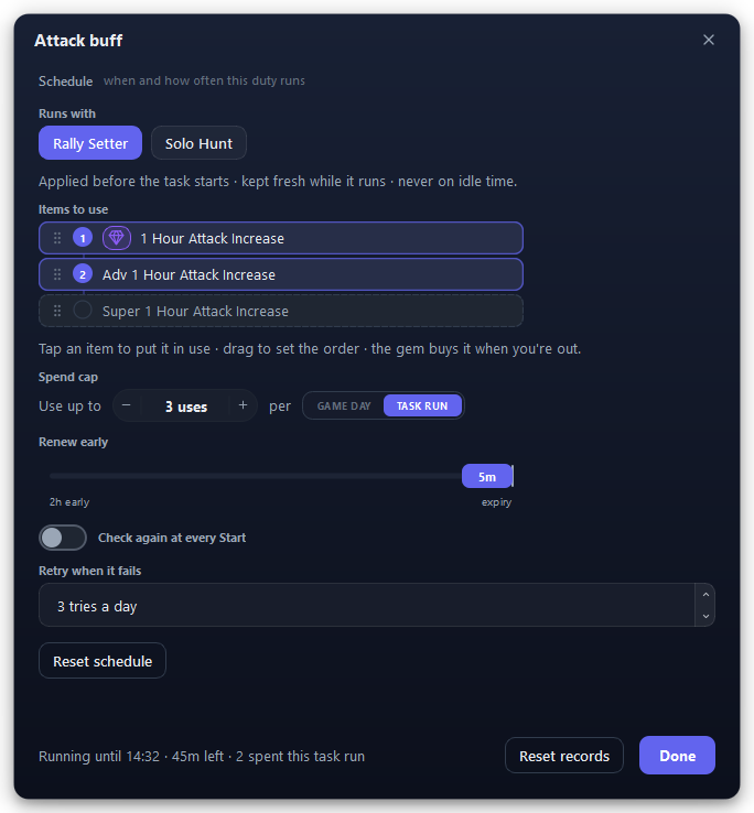The Attack buff settings: Rally Setter picked, two items in use, and a cap of 3 uses per task run.