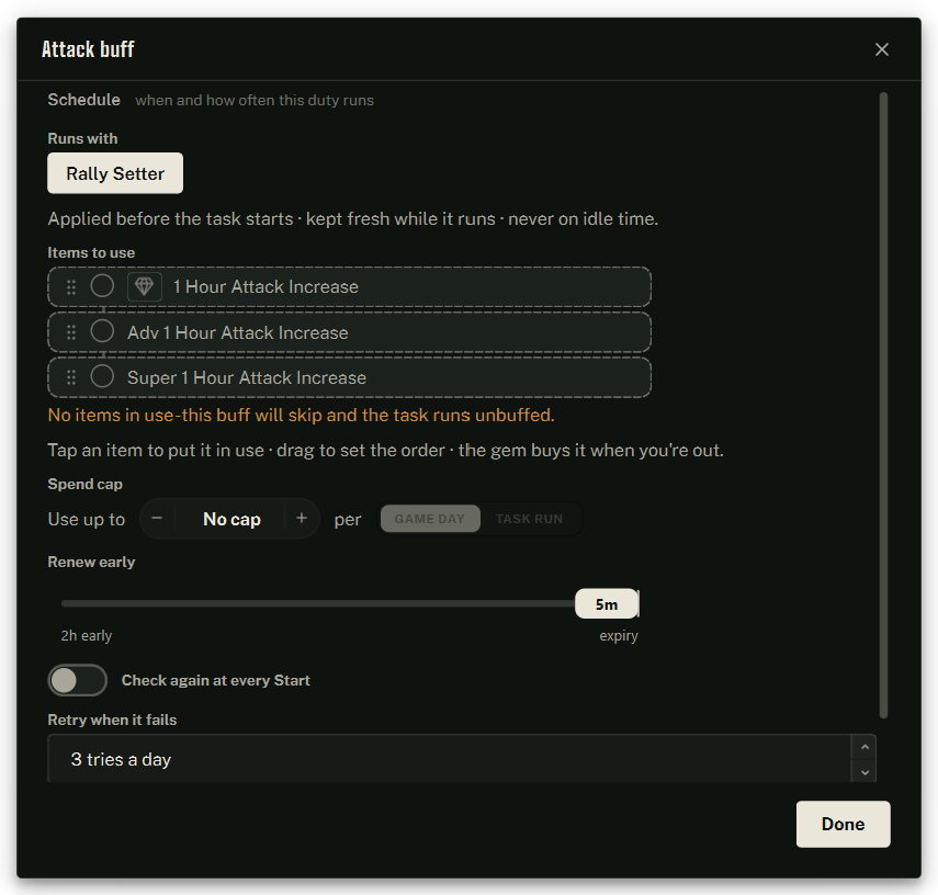 A buff card’s settings window.