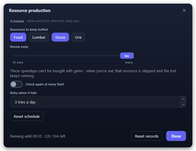 The Resource production settings with Food and Stone picked.