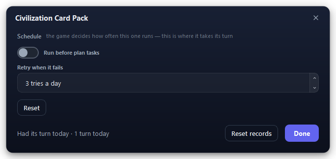 The Civilization Card Pack settings.