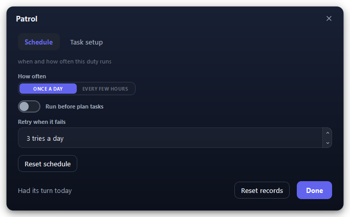 The Patrol settings. Its Schedule tab is the one every row shares.