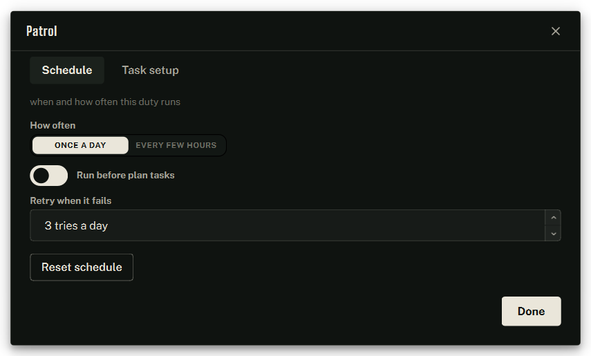 The Schedule tab — the cadence every daily row shares.