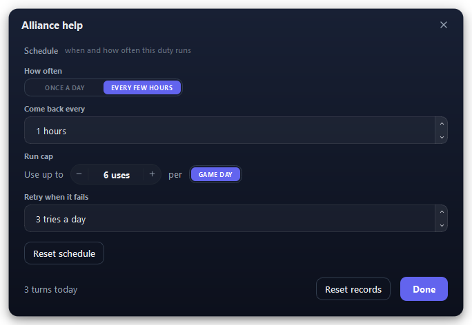 Alliance help set to Every few hours: Run before plan tasks gives way to Come back every and Run cap.