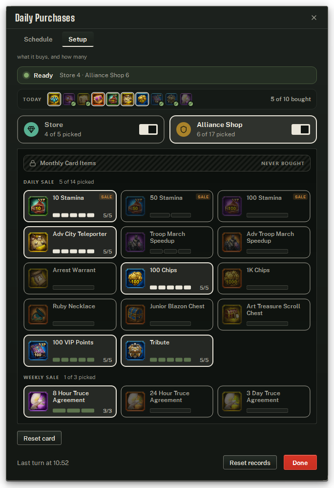 The Alliance Shop plate: the sealed Monthly Card Items shelf, the Daily Sale and the Weekly Sale.