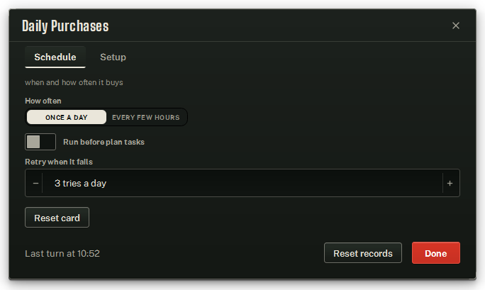 The Schedule tab, once a day.