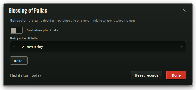 Blessing of Pallas' window — no How often, because the game allows one claim a day.