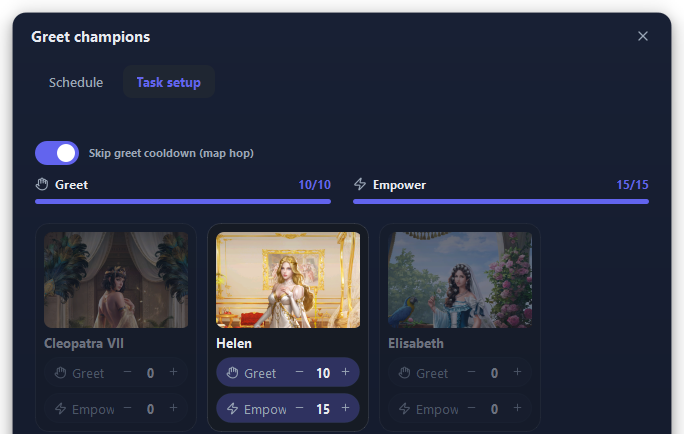 The top of the Greet champions window, on its Task setup tab. Below this part sits one tile for every champion in your library.