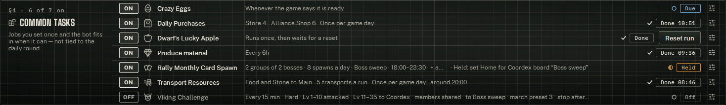 A spent Dwarf's Lucky Apple row, with its Reset run button.