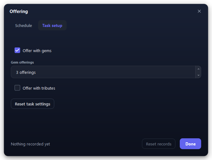 Offering’s Task setup tab, as it ships: gems ticked, tributes not.