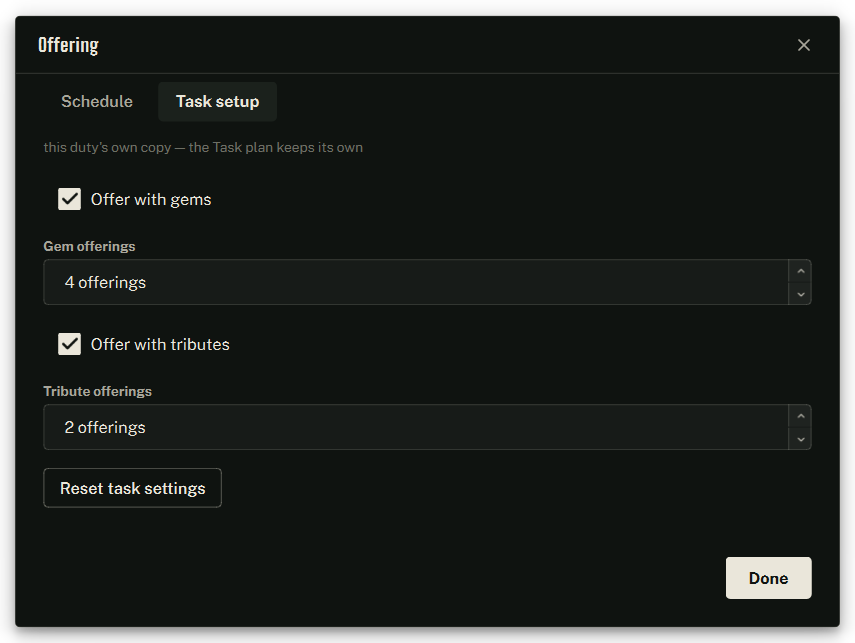 The Offering settings, on its duty’s Task setup tab.
