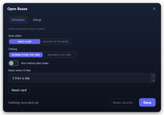 Open Boxes, Schedule tab, as it ships.