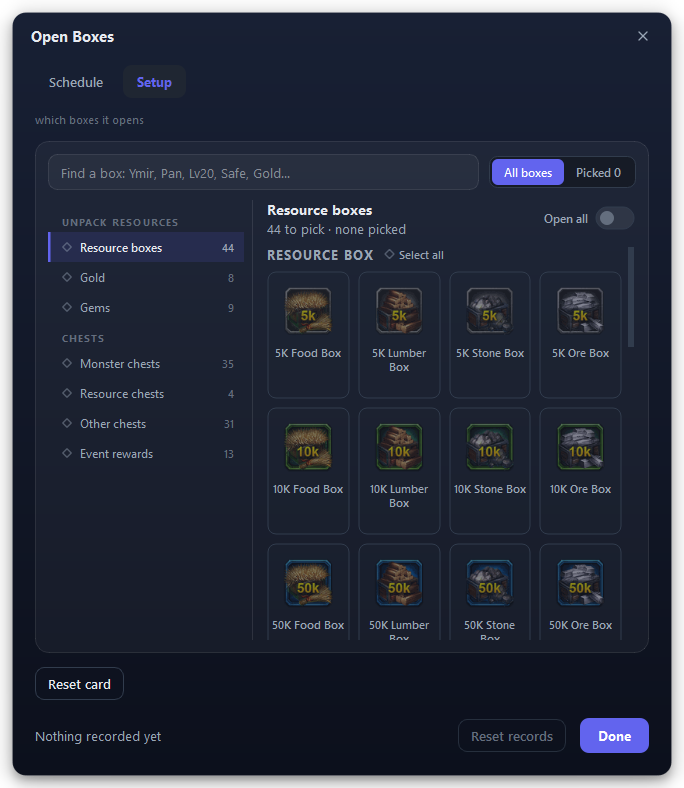 Open Boxes, Setup tab: the catalogue of boxes. Nothing is picked yet.