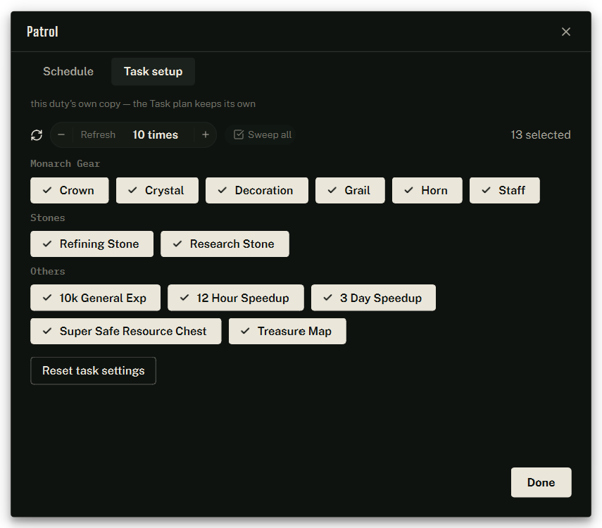 The Patrol board, on its duty’s Task setup tab.