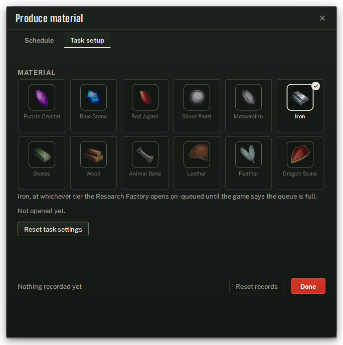 Produce material's Task setup tab — pick the one material to queue.