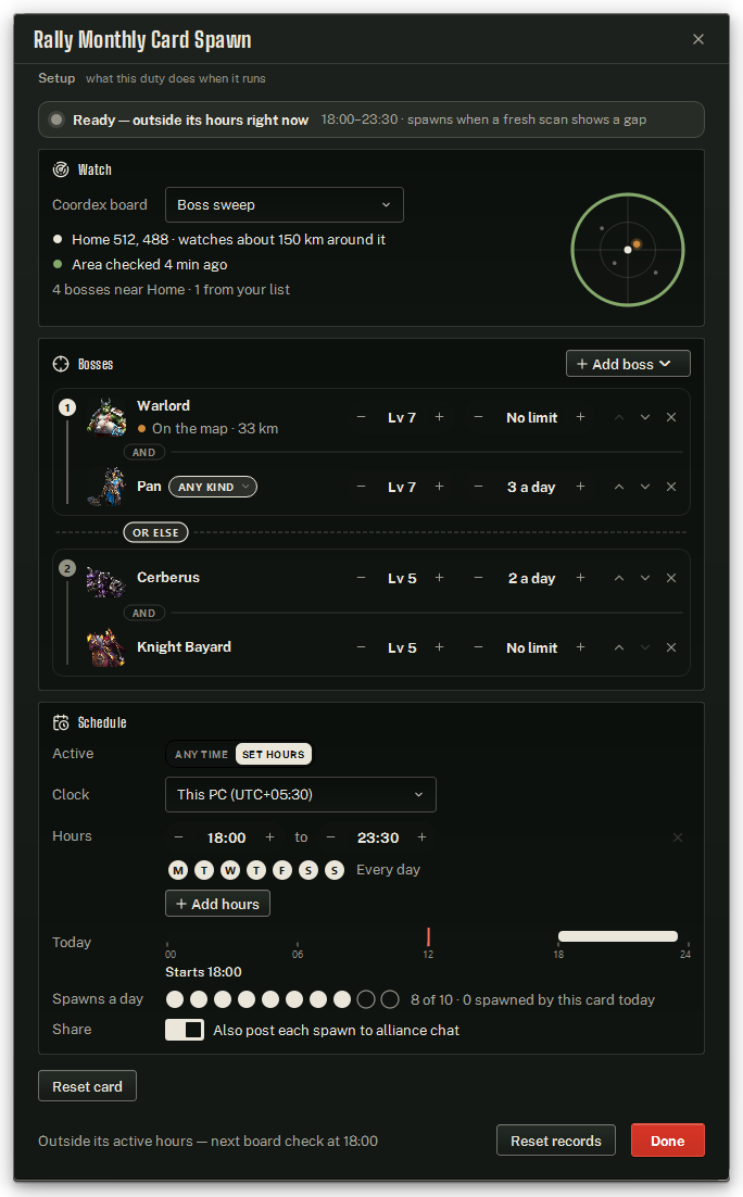 The card: the status line, Watch with its radar, two groups of bosses — the first, today's group, drawn lit — and the Schedule with evening hours and the day's spawns.