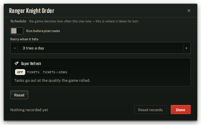 The Ranger Knight Order window: the two shared scheduling controls, then the Super Refresh section.