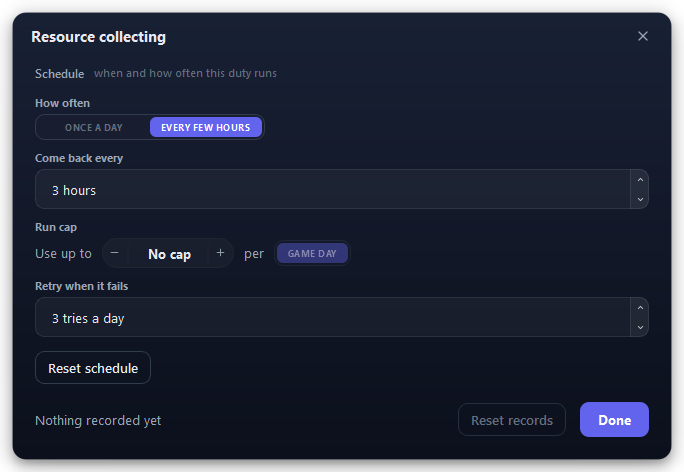 Resource collecting’s window. It has one page, Schedule, set to every few hours.