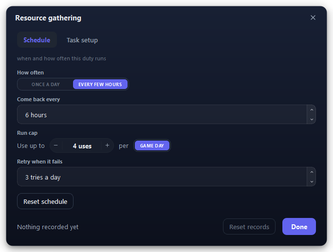 The Resource gathering activity, Schedule tab.