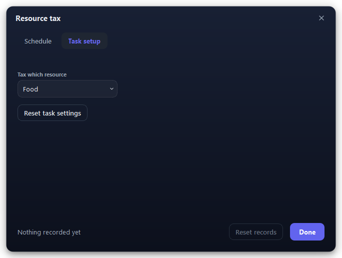 Resource tax’s Task setup tab. It has one choice.