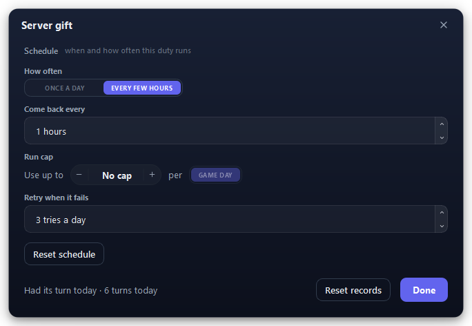 The Server gift settings, before you change anything: Every few hours, every 1 hour, no cap.