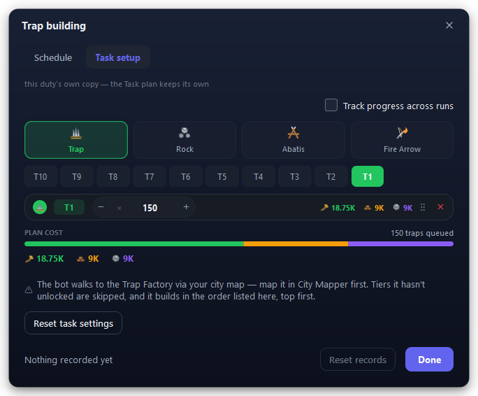 The daily activity's window, on its Task setup tab.