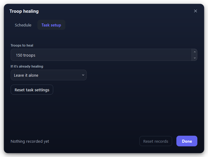 The Troop healing window, on its Task setup tab.