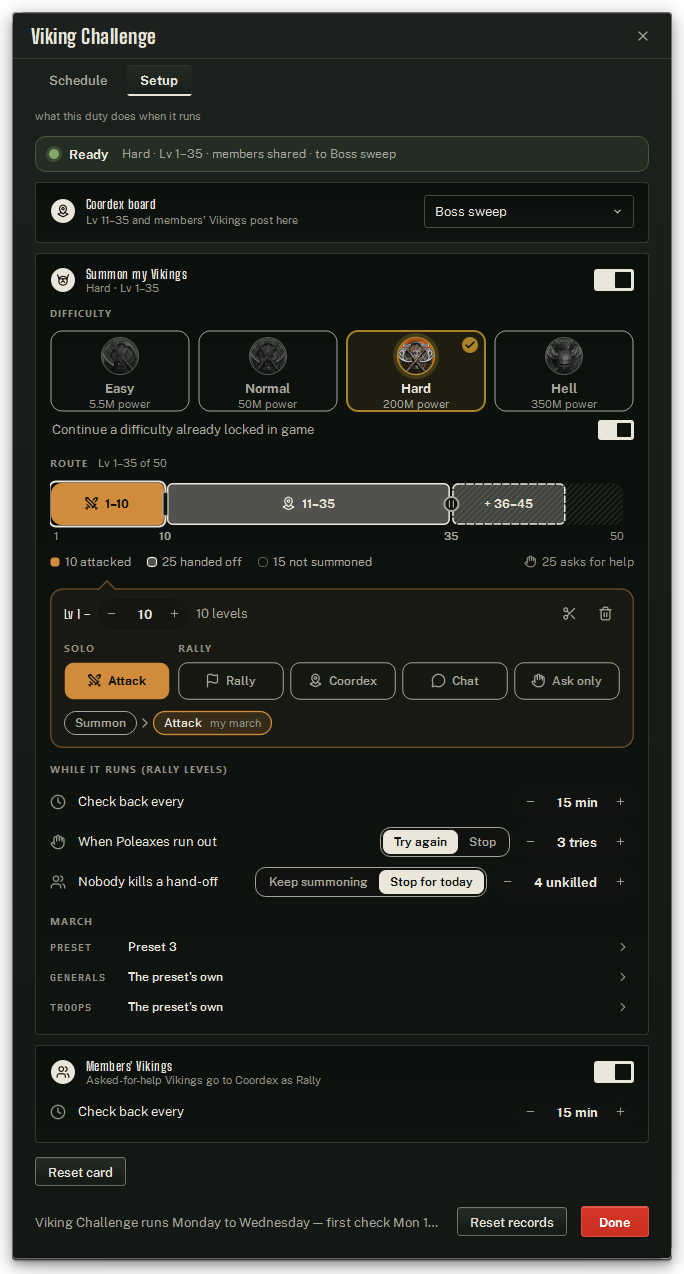 The Setup tab: the status line, the Coordex board, your own Vikings on Hard with a Solo range and a Coordex range on the ribbon (the hatched tail previewing Lv 36–45), the first range in the inspector, the rules, the march and members' Vikings.