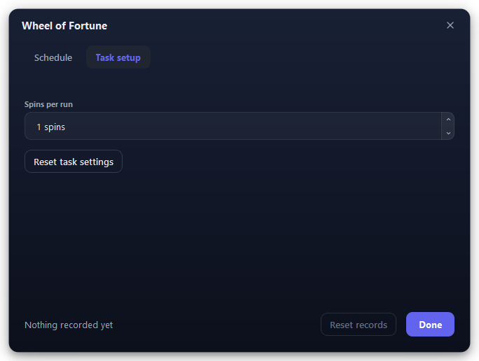 Wheel of Fortune’s Task setup tab. It has one setting.