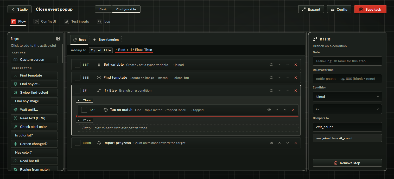 The Inspector for an If / Else step: variable, operator, Compare to and the preview line.