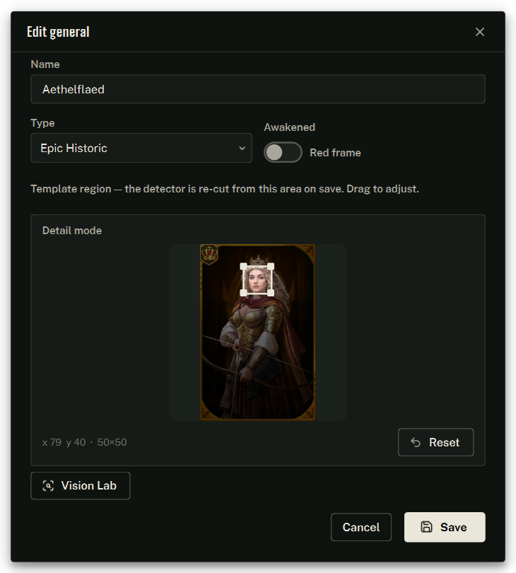 Edit general — name, type, the awakened toggle, and the template region the detector is re-cut from.