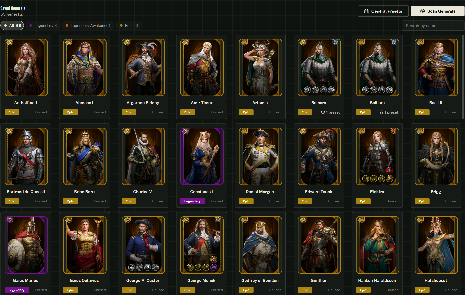 The Saved Generals roster: rarity chips and a name search up top, General Presets and Scan Generals on the right, and a card per general.